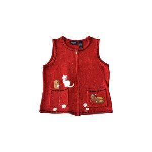 Crazy Horse Cat Knit Vest Red Zip Up Sweater Vest Medium Cute